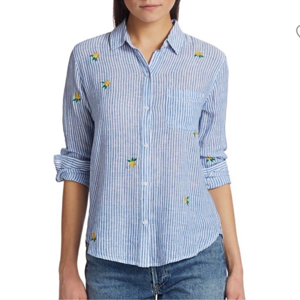 Rails L Charli Blue White Vertical Stripes Yellow Green Embroidered Roses Shirt - Picture 5 of 15
